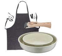 Bergner Click&Cook Juego de 2 Sartenes Ø22Ø26cm Aluminio fundido Blanco con Mango desmontable+Delantal de Cocina Gris oscuro 100% Algodón 75x80cm
