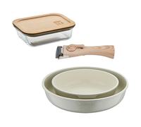 Bergner click&cook juego de 2 sartenes ø22ø26cm aluminio fundido blanco con mango desmontable+hermético de 650ml en vidrio de borosilicato