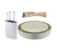 Bergner Click&Cook Juego de 2 Sartenes Ø22Ø26cm Aluminio fundido Blanco con Mango desmontable+Delantal de Cocina Gris oscuro 100% Algodón 75x80cm