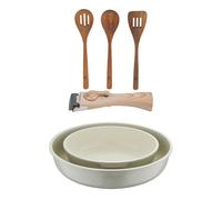 Bergner click&cook juego de 2 sartenes ø22ø26cm aluminio fundido blanco con mango desmontable+set 3pc utensilios cocina madera acacia 39 cm