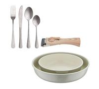 Bergner click&cook juego de 2 sartenes ø22ø26cm aluminio fundido blanco con mango desmontable+set de 16 cubiertos en acero inoxidable 8 cm