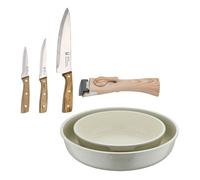 Bergner Click&Cook Juego de 2 Sartenes Ø22Ø26cm Aluminio fundido Blanco con Mango desmontable+Delantal de Cocina Gris oscuro 100% Algodón 75x80cm
