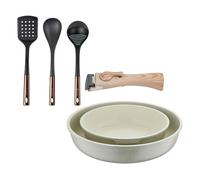 Bergner click&cook juego de 2 sartenes ø22ø26cm aluminio fundido blanco con mango desmontable+ set de 3 utensilios de cocina de pbt negro y cobre 39 cm