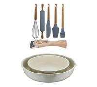 Bergner click&cook juego de 2 sartenes ø22ø26cm aluminio fundido blanco con mango desmontable+set de 5 utensilios de cocina de silicona y madera 8 cm