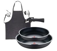 Bergner Click&Cook Juego de 2 Sartenes Ø22Ø26cm Aluminio prensado negro con Mango desmontable+Delantal de Cocina Gris oscuro 100% Algodón 75x80cm