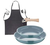 Bergner Click&Cook Juego de 2 Sartenes Ø22cm y Ø26cm con Mango extraíble en Aluminio prensado+Delantal de Cocina Gris oscuro 100% Algodón 75x80cm