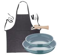 Bergner Click&Cook Juego de 2 Sartenes Ø24Ø28cm Aluminio prensado reciclado Verde con Mango extraíble+Delantal de Cocina Gris oscuro 100% Algodón