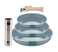 Bergner Click&Cook Juego de 3 Sartenes Ø18Ø20Ø24cm Aluminio prensado reciclado Verde con Mango extraíble+Delantal de Cocina Gris oscuro 100% Algodón BC22/26+PULV4