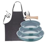 Bergner Click&Cook Juego de 3 Sartenes Ø18Ø20Ø24cm Aluminio prensado reciclado Verde con Mango extraíble+Delantal de Cocina Gris oscuro 100% Algodón