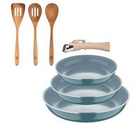 Bergner Click&Cook Juego de 3 Sartenes Ø18Ø20Ø24cm Aluminio prensado reciclado Verde con Mango extraíble+Delantal de Cocina Gris oscuro 100% Algodón BC22/26+UTAC4