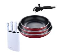Bergner click&cook juego de 3 sartenes ø18ø20ø24cm aluminio prensado rojo con mango extraíble+set de 3 cuchillos con tacoma en acero inoxidable 30 cm