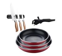 Bergner click&cook juego de 3 sartenes ø18ø20ø24cm aluminio prensado rojo con mango extraíble+set de 3 cuchillos con soporte magnético 38 cm