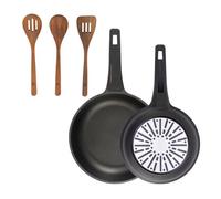 Bergner juego de 2 sartenes ø24ø28cm en aluminio fundido con mango de baquelit set 3pc utensilios cocina madera acacia 49 cm