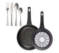 Bergner juego de 2 sartenes ø24ø28cm en aluminio fundido con mango de baquelit set de 16 cubiertos en acero inoxidable