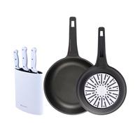 Bergner juego de 2 sartenes ø24ø28cm en aluminio fundido con mango de baquelit set de 3 cuchillos con tacoma en acero inoxidable 30 cm