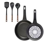 Bergner juego de 2 sartenes ø24ø28cm en aluminio fundido con mango de baquelit set de 3 utensilios de cocina de pbt negro y cobre 49 cm