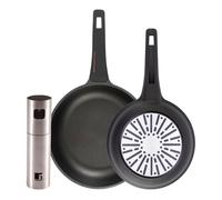 Bergner juego de 2 sartenes ø24ø28cm en aluminio fundido con mango de baquelit pulverizador de aceite y vinagre ø4x17,5cm en acero inoxidable