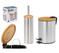 Berilo Set de Papelera de 3L y Escobillero de Bambú y Acero, Plata-Marrón