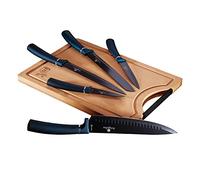 Berlinger Haus Aquamarine Juego 5 Cuchillos Cocina Profesional Tabla Cortar Bambú, Hoja Acero Inoxidable Recubrimiento Antiadherente, Cocinero, Cebollero, Pan, Rebanador, Pelar, Diseño Metallic Line