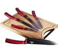 Berlinger Haus, BH-2552, Burgundy Juego 5 Cuchillos Cocina Profesional Tabla Cortar Bambú, Hoja Acero Inoxidable Recubrimiento Antiadherente, Cocinero, Rebanador, Pelar, Diseño Metallic Line