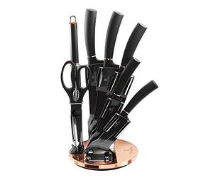 Berlinger Haus Black Rose Juego Cuchillos Cocina Profesional 8 piezas Acero Inoxidable Recubrimiento Antiadherente Soporte Acrílico Cocinero Cebollero Santoku, Chaira Tijeras Diseño Moderno (BH-2421)