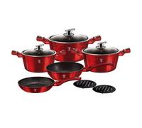 Berlinger Haus Burgundy Batería Cocina Inducción 10 Piezas, Antiadherente Mármol sin PFOA, Aluminio, Set 3 Cazuelas, 3 Tapas Cristal, 2 Sartenes, 2 Salva Manteles, Diseño Metallic Line