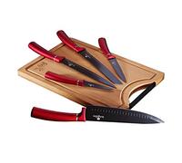 Berlinger Haus Burgundy Juego 5 Cuchillos Cocina Profesional Tabla Cortar Bambú, Hoja Acero Inoxidable Recubrimiento Antiadherente, Cocinero, Cebollero, Pan, Rebanador, Pelar, Diseño Metallic Line