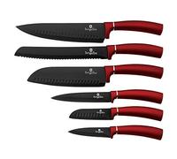 Berlinger Haus Burgundy Juego 6 Cuchillos Cocina Profesional, Hoja Acero Inoxidable Recubrimiento Antiadherente Cocinero, Cebollero, Pan, Santoku, Pelar, Mango Ergonómico, Metallic Line Rojo (BH-2542)
