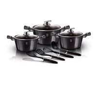 Berlinger Haus Carbon Pro Batería Cocina Inducción 10 Piezas, Antiadherente Mármol sin PFOA, Aluminio, Set 3 Cazuelas 3 Tapas Cristal, 4 Utensilios de Cocina, Diseño Metallic Line, Vitrocerámica