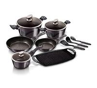 Berlinger Haus Carbon Pro Batería Cocina Inducción 12 Piezas, Antiadherente Mármol sin PFOA, Aluminio, Set 2 Cazuelas 3 Tapas Cristal, 1 Cazo, 1 Plancha, 2 Sartenes, 3 Utensilios Diseño Metallic