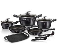 Berlinger Haus Carbon Pro Batería Cocina Inducción, Antiadherente Mármol sin PFOA, Aluminio, Set 2 Cazuelas 3 Tapas Cristal, Cazo, Plancha, 2 Sartenes, 3 Utensilios, Gris Oscuro Metalizado (BH-6911)