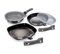 Berlinger Haus Carbon Pro Juego 2 Sartenes y Grill Inducción 20-24-28 cm Aluminio Forjado, Antiadherente Ecológico sin PFOA, Tapas Herméticas, Mangos Desmontables, Diseño, Vitrocerámica, Gas