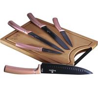 Berlinger Haus I-Rose Juego 5 Cuchillos Cocina Profesional Tabla Cortar Bambú, Hoja Acero Inoxidable Recubrimiento Antiadherente, Cocinero, Cebollero, Pan, Rebanador, Pelar, Diseño Elegante (BH-2554)