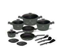 Berlinger Haus Juego de 15 utensilios de cocina con revestimiento de titanio verde mate, antiadherente, duradero, apto para todo tipo de fuegos, incluye ollas y sartenes