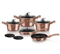 Berlinger Haus Rose Gold Batería Cocina Inducción 11 Piezas, Antiadherente Mármol sin PFOA, Aluminio, 3 Cazuelas, 4 Tapas Cristal, 1 Grill, 1 Sartén, 2 Salva Manteles, Diseño Metallic Line, BH-6191