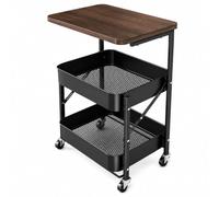 BESCH Carrito Auxiliar Plegable con Ruedas, Mesa Auxiliar con 2 Cestas de Metal, Estantería Organizadora con Tablero de Madera 45 x 30 cm, Carro de Almacenaje para Salón, Dormitorio