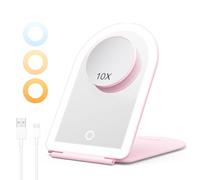 BESTOPE PRO Espejo Maquillaje con Luz Recargable, 10X Aumento, 3 Colores Luminosidad Regulable, Control Táctil y Función Memoria, Espejo Plegable para Viajes y Tocador, Rosa