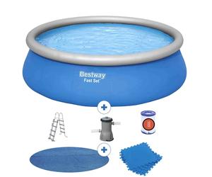 Bestway Piscina Desmontable Autoportante Bestway Fast Set Ø457x122 cm Depuradora de Cartucho de 3.028 L/H, Cobertor Solar, Escalera y Tapiz Protector de Suelo Blue 457x457x122 cm