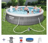 BESTWAY Piscina hinchable Fast Set, forma redonda, aspecto de ratán, con filtro, escalera y cubierta. Dimensiones: 457 x 107 cm