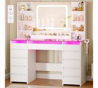 BEWISHOME Tocador de Maquillaje con Espejo y Luces RGB,Cubierta de Vidrio | Mesa de Maquillaje con 11 Cajones RGB y 6 Estantes,Tocador Maquillaje con Enchufes y Soporte para Secador de Pelo,Blanco