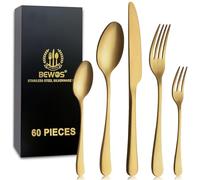 BEWOS Juego de cubiertos para 12 personas, juego de cubiertos de titanio dorado de 60 piezas que incluye cuchillo, tenedor, cuchara, cubiertos de acero inoxidable, apto para lavavajillas (oro mate)