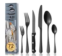 BEWOS Juego de Negro cubiertos para 12 personas, cuberteria acero inoxidable de 72 piezas con cuchillos para carne, Cuchillo Cuchara Tenedor Cubiertos Set Espejo Pulido, Apto para Lavavajillas