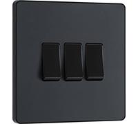 BG Electric - Interruptor de luz de pared triple, 2 vías, placa frontal sin tornillos, bordes redondos, Evolve, gris mate, 20 A, 16AX, PCDMG43B