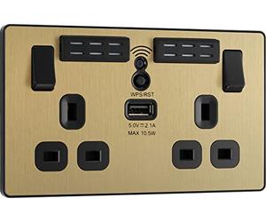 BG Electrical Evolve - Extensor Wi-Fi de doble conmutación con puerto de carga USB de 2,1 A, 13 A, latón satinado