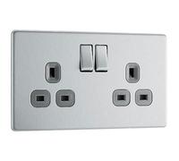 BG Electrical FBS22G - Enchufe de pared de doble interruptor, placa plana, sin tornillos, acero cepillado, inserciones grises, 13 A, FBS22G
