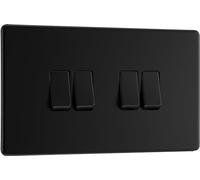 BG Electrical FFB44 - Interruptor de luz de pared cuádruple, 2 vías, placa frontal sin tornillos, perfil delgado, placa plana premium, negro mate, 20 A, 16AX, FFB44