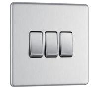 BG Electrical Interruptor de luz triple de placa plana sin tornillos, acero cepillado, 2 vías, 3 bandas, 10 AX