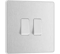 BG Interruptor eléctrico de doble pared, 2 vías, placa frontal sin tornillos, bordes redondos, Evolve, acero cepillado, 20 A, 16 AX, PCDBS42W