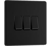 BG Interruptor eléctrico de luz de pared triple, 2 vías, placa frontal sin tornillos, perfil delgado, placa plana premium, negro mate, 20A, 16AX, FFB43