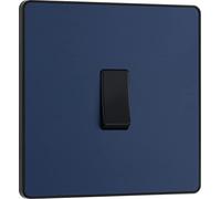 BG Interruptor eléctrico de pared simple, 2 vías, placa frontal sin tornillos, bordes redondos, Evolve, azul mate, 20A, 16AX, PCDDB12B